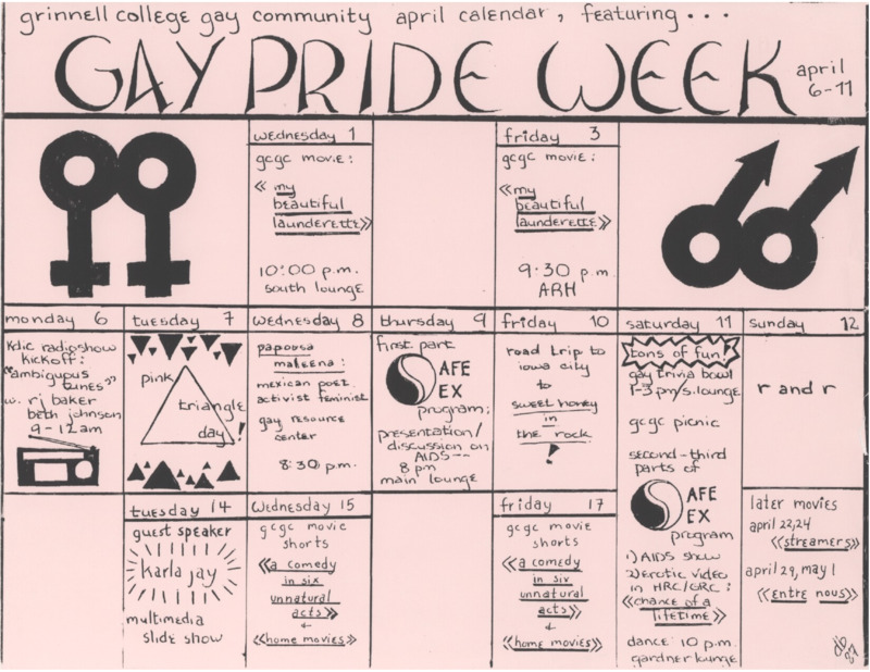Events calendar for the first Grinnell College Gay Pride Week in 1987 hosted by the Grinnell College Gay Community (GCGC). 