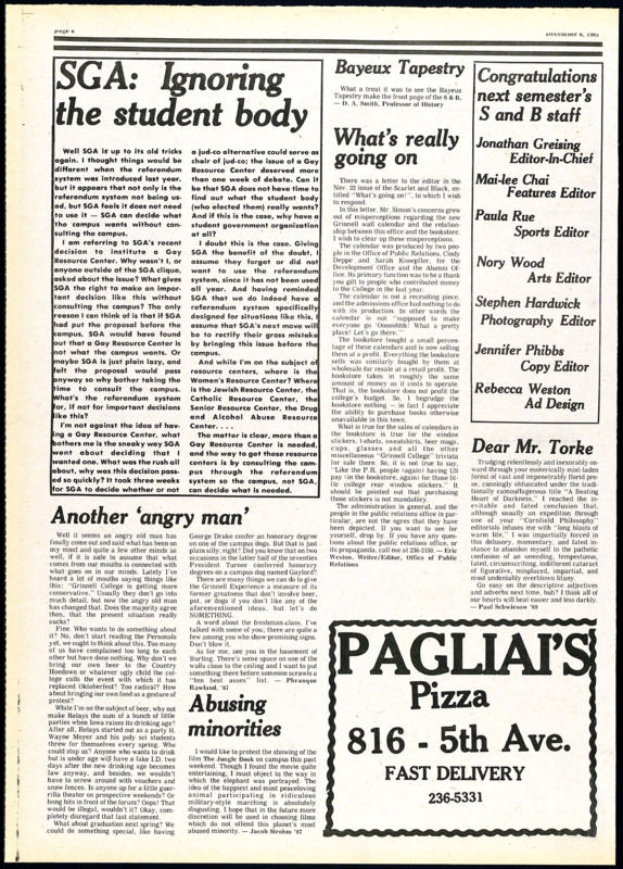Editorial from the Scarlet and Black expressing discontent at a memorandum passed supporting the creation of a Gay Resource Center by the Student Government Association in 1986.
