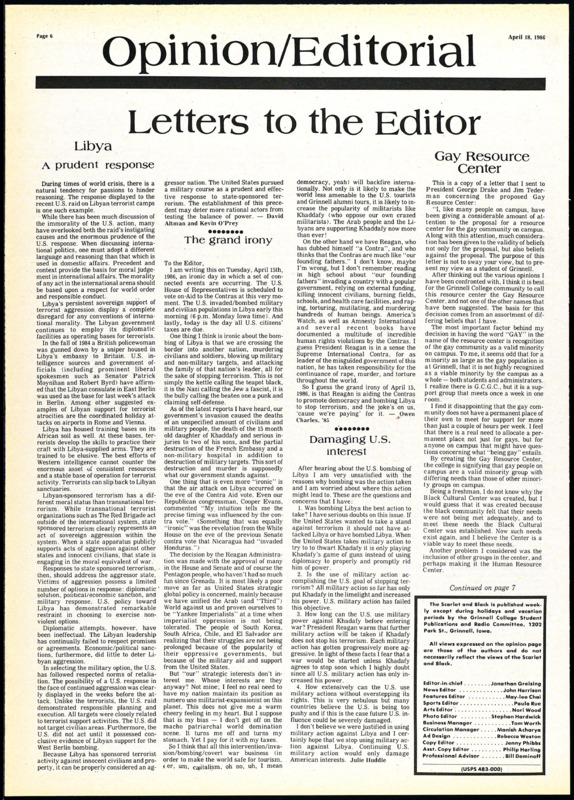 Letter to the Editor by Matt Rickett arguing for having gay in the name of a LGBTQ+ resource center rather than the adminstration proposal of a Human Resource Center in 1986.