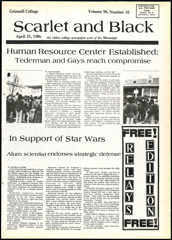 News article in the Scarlet and Black on the founding of the Human Resource Center, currently known as the Stonewall Resource Center in 1986 at Grinnell College.