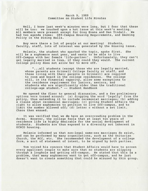 Meeting notes from the Committee of Student Life from March 9, 1989 discussing allowing same-sex couples off-campus for housing under symbolic marriages.