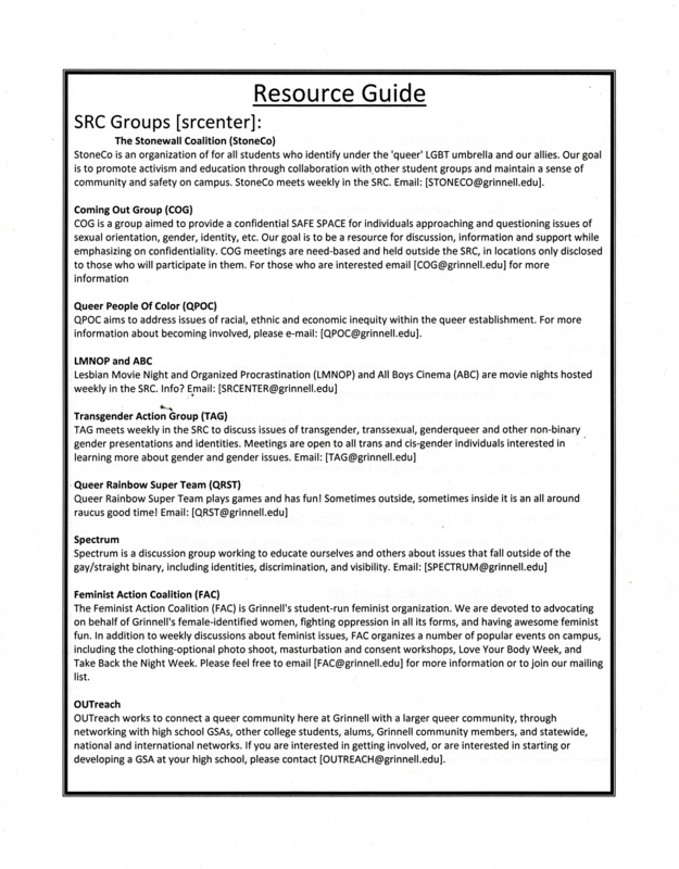 Undated flier detailing the resources and student organizations for LGBTQ+ student life at Grinnell College.
