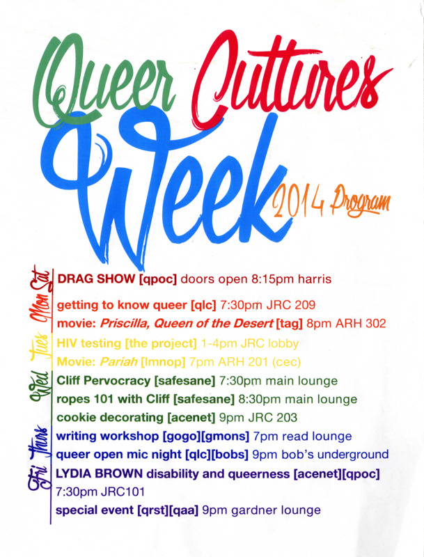 Poster from 2014 promoting Queer Cultures Week, a version of Gay Pride Week.