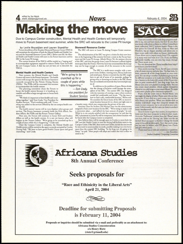 News article in the Scarlet and Black on the relocation of the Stonewall Resource Center in 2004 following the demolition of the Younker Memorial Medical Center and before the construction of the Joe Rosenfield Center.