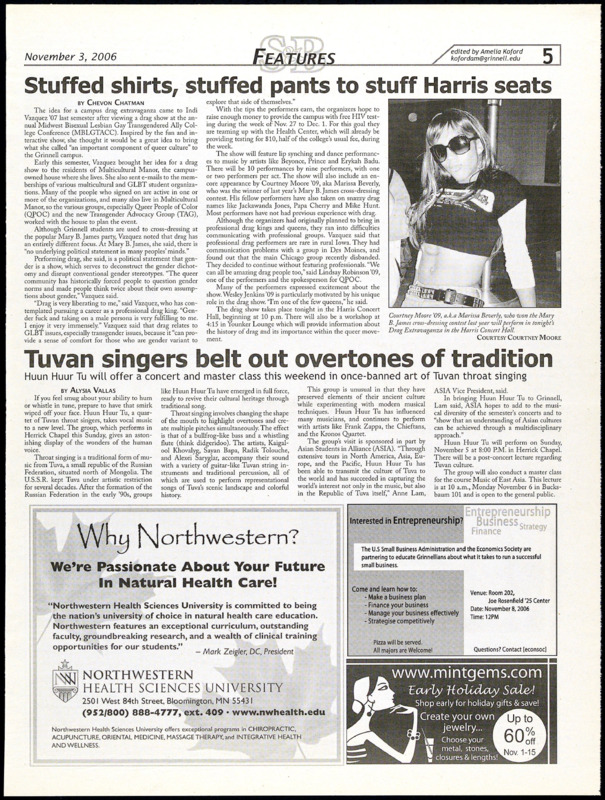 News article in the Scarlet and Black on the first Queer People of Color Drag Show at Grinnell College.