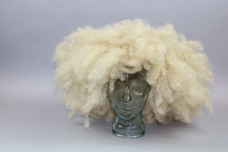 A curly blond mullet wig previously worn in Queer People of Color's Drag Show.