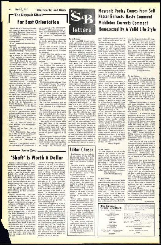 Duane Taylor '73 writes in response to a prior letter to the editor on Febuary 2nd, 1972 on the plight of homosexuals, expressing support for the author's message.