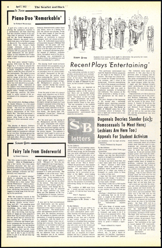 Page from Scarlet and Black featuring two letters to the editor by anonymous authors. One encourages interested parties to contact Campus Chaplain Dennis Haas for information on a meeting of homosexuals. The second discusses the presence of lesbians on campus from a lesbian.